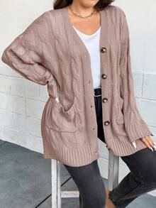 EURMUSE Cárdigan informal de talla grande de unicolor con bolsillos dobles, otoño/invierno - Rosa vieja - Ver 3