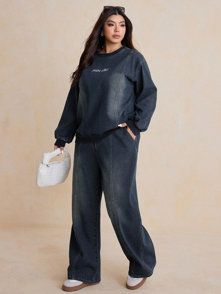 Dazy Plus 2pcs Plus Size Women Embroidered Letter Washed Dark Blue Denim Loose Long Sleeve Top And Pants Set, Spring/Autumn