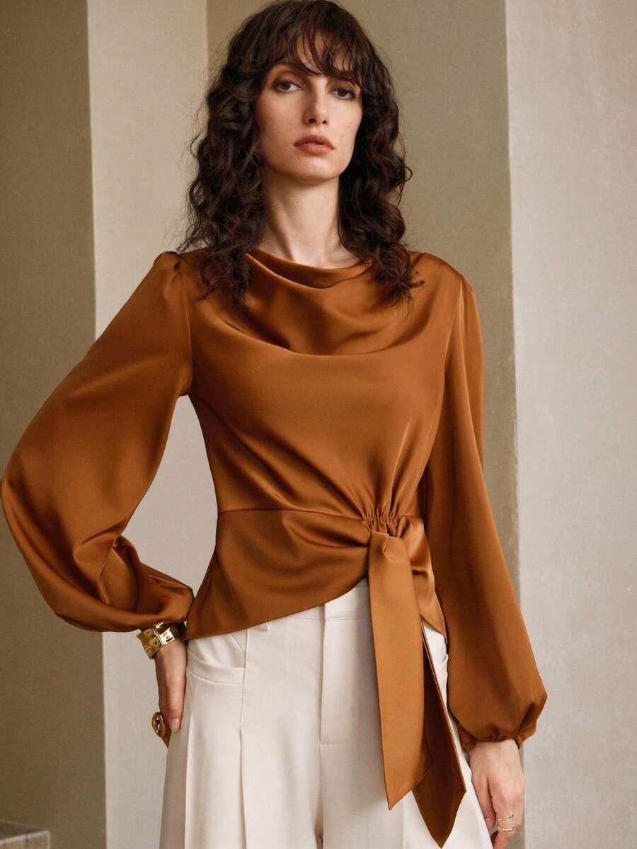 Arave Áo sơ mi dài tay màu nâu cà phê, thiết kế cổ bẻ xếp ly, vải dệt kim dành cho nữ, kiểu dáng thanh lịch, cổ điển, mặc đi làm, mùa thu - Cà phê nâu - Xem 1