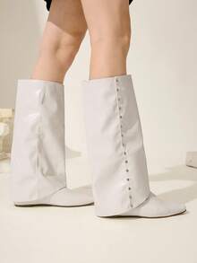 CUCCOO CHICEST Women's Fashionable Versatile Solid Color Knee-High Boots - White - View 7