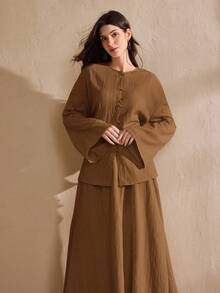 Graceveil Women's Solid Color Round Neck Loose Textured Fabric Elegant Fashion Arabic Style Set - Bronze - View 3