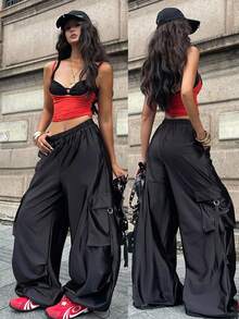 Coolane Pantalones anchos negros de estilo deportivo y callejero para mujer, ideales para salir en verano y otoño