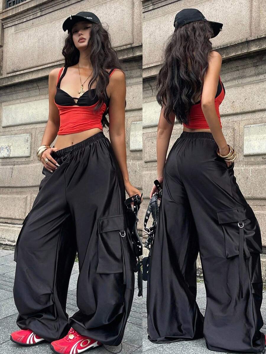 Coolane Pantalones anchos negros de estilo deportivo y callejero para mujer, ideales para salir en verano y otoño