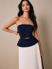 Poéselle Bộ 2 món áo quây và chân váy xếp ly kiểu dáng thường ngày dành cho nữ. - Màu xanh hải quân - Xem 4