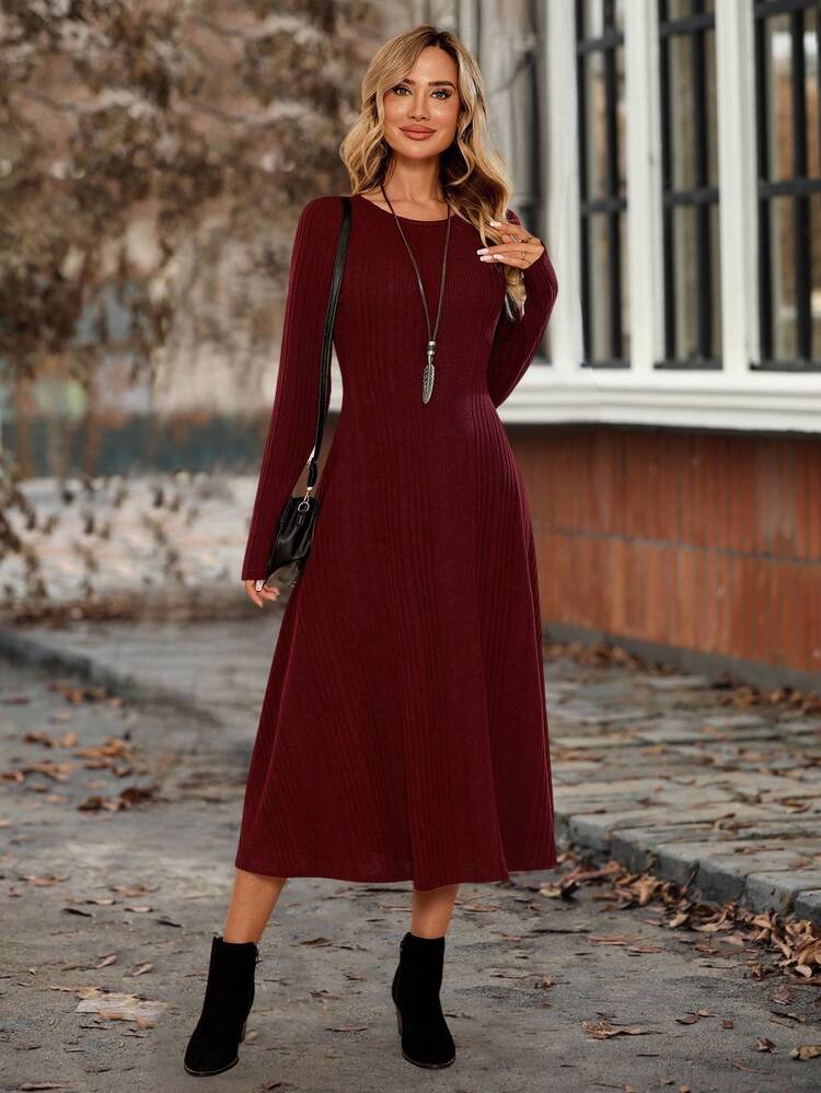 Vestido Casual de Manga Longa com Gola Redonda e Costela, Médio, Cor Sólida, Outono