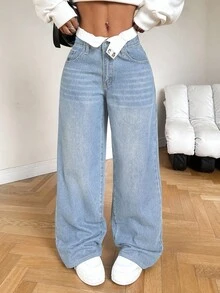 SHEIN PETITE 女款寬鬆寬腿牛仔褲，低腰藍色丹寧質感，女款媽媽牛仔褲、牛仔女郎寬鬆復古冬季長褲，適合嬌小女性 - 淺色水洗藍 - 查看 5