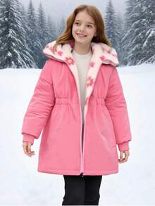 SHEIN 1 件女童豹纹双面蓬松长袖风衣夹克，适合秋冬季 - 粉色 - 查看 11