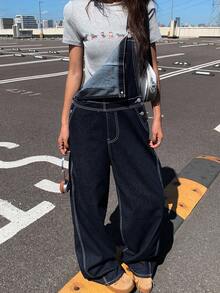 DAZY 女士宽松休闲纯色大口袋牛仔背带裤 Y2k