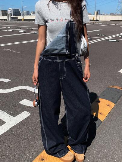 DAZY 女士宽松休闲纯色大口袋牛仔背带裤 Y2k