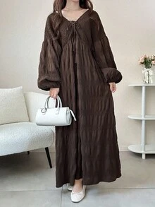 FRIFUL Đầm dài nữ màu nâu, chất liệu vải có họa tiết, thắt eo bằng dây rút, thích hợp cho mùa thu, mặc ngoài trời. - màu nâu - Xem 4