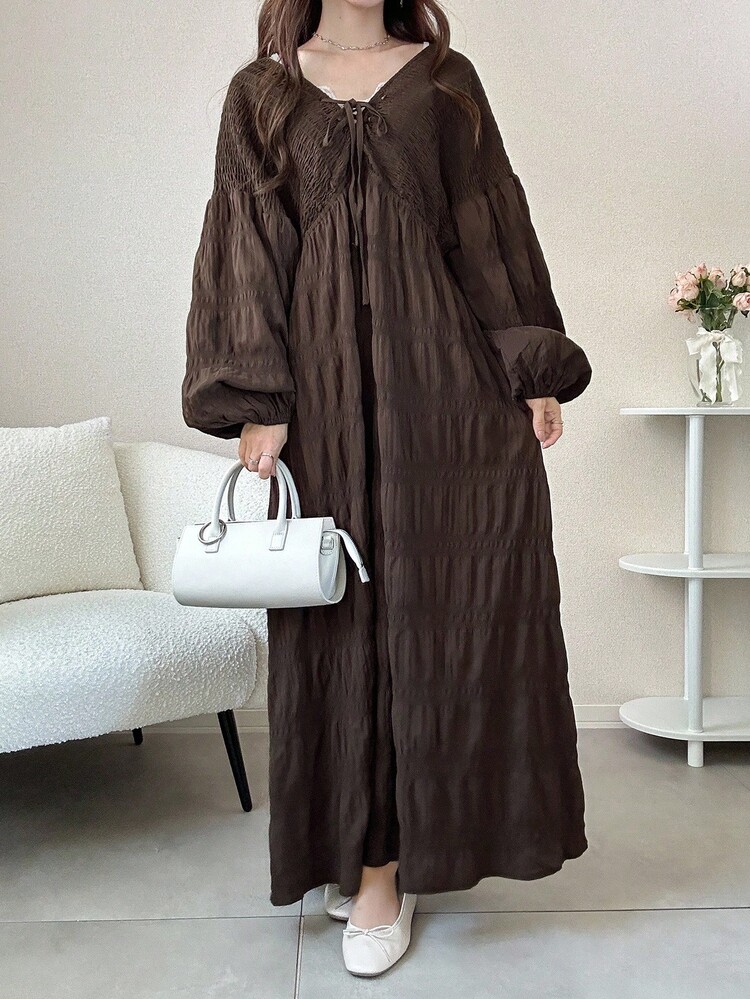 FRIFUL 女士棕色纹理面料抽绳系腰连衣裙，秋季长裙，户外连衣裙 - 棕色 - 查看 4
