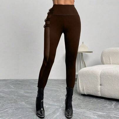 섹시한 블랙 메쉬 패치워크 장식 버튼 슬림핏 여성 레깅스, 랜덤 플로럴 패턴