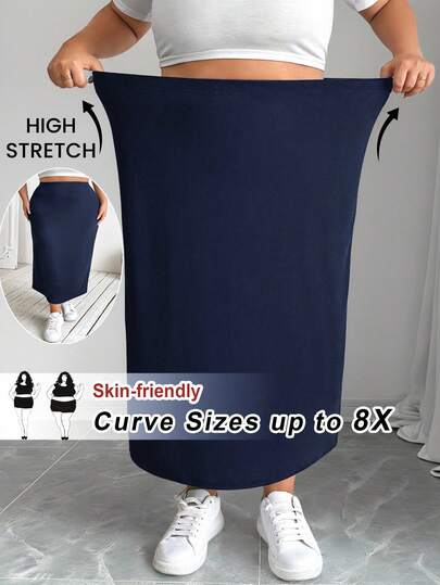 SHEIN CURVE+ Plus Size Women Black Knit Elastic Bodycon Knee-Length Skirt