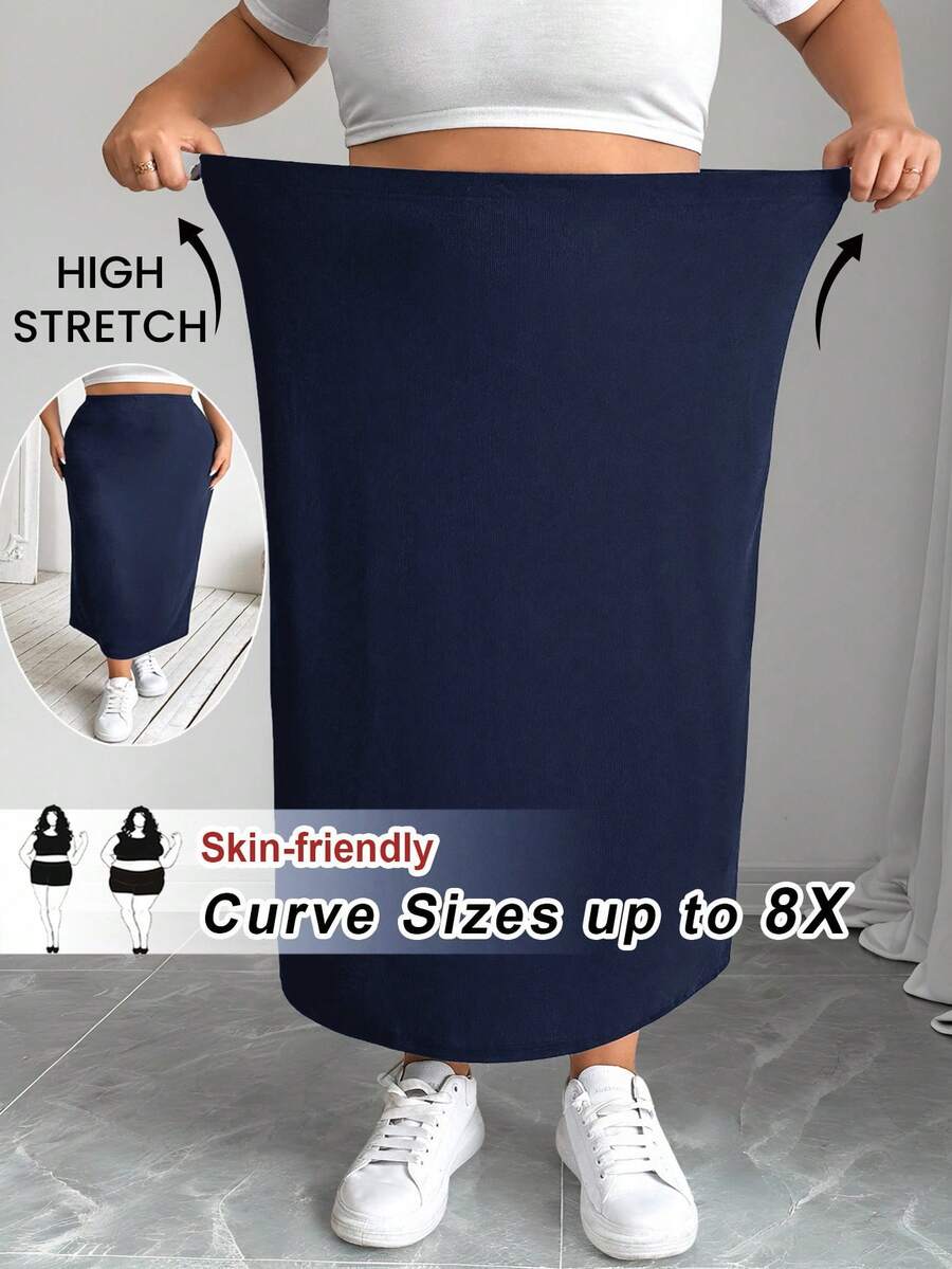 SHEIN CURVE+ 大码女式黑色针织弹力紧身及膝裙 - 藏蓝色 - 查看 1