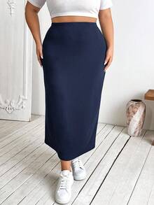 SHEIN CURVE+ 大码女式黑色针织弹力紧身及膝裙 - 藏蓝色 - 查看 5