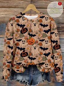 EMERY ROSE Halloween Ghost, Bat, Pumpkin Print Plus Size Women Casual Loose Fit Crew Neck Long Sleeve Pullover Sweatshirt, Autumn/Winter Fall Ghost Print Sweater Fall Sweater Bat Sweater Halloween Sweater Pumpkin Sweater Autumn Print Cardigan Fall Tops Fall Shirts Artwork Print Design Sweater Ladies Long Sleeve Sweater - Multicolor - View 1