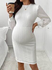 SHEIN Vestido elegante ajustado con cuello redondo, mangas abullonadas y patrón de cable retorcido para mujeres embarazadas en otoño