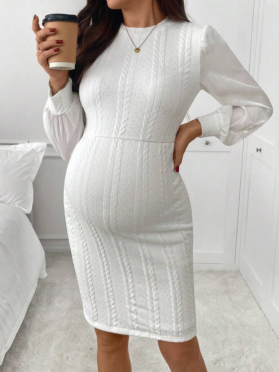 SHEIN Vestido elegante ajustado con cuello redondo, mangas abullonadas y patrón de cable retorcido para mujeres embarazadas en otoño