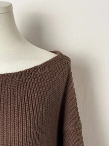SHEIN Unity Damen einfarbiger gerippter Oversize Lässig Langarm Pullover mit Schulterausschnitt, Damen Brauner Pullover, Herbstpullover, Off-Shoulder Pullover - Khaki - Übersicht 4