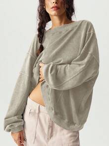 Bohemela 秋冬休闲纯色针织扭结后背长袖宽松水洗女式卫衣 - 杏色 - 查看 4