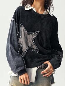 Bohemela 秋季波西米亚乡村音乐节万圣节休闲纯色拼布圆领宽松水洗女式运动衫 - 黑色 - 查看 2