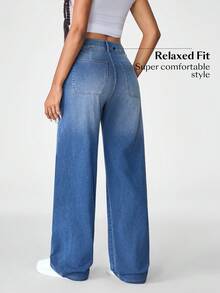 Flexra جينز كاجوال بجيوب وقصة مستقيمة فضفاضة للنساء - أزرق متوسط - مشاهدة 2