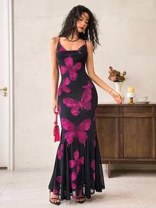 EastFlair 女士优雅派对花卉蝴蝶印花露背连衣裙 - 黑色 - 查看 3