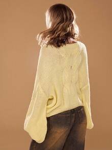 SHEIN BAE 女式休闲纯色蝙蝠袖毛衣，秋冬 - 黃色 - 查看 2