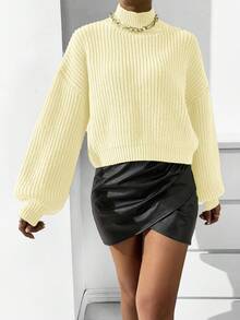 RosyDaze Women's Solid Color High Waist Drop Shoulder Long Lantern Sleeve Loose Casual Pullover Sweater Butter Yellow Sweater Puff Sleeve Sweater Women Sweater Winter Sweater Yellow Sweater