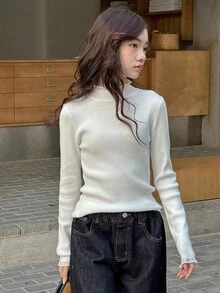 DAZY Teen Girl Slim Fit Turtleneck Basic Knit Long Sleeve Sweater, Autumn Student - White - View 6