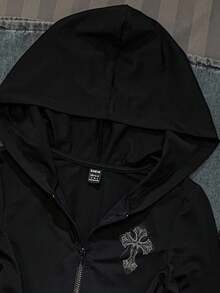 Glowzi 少女休闲前拉链修身卫衣T恤，适合秋冬季节，复古印花，十字印花，秋季款