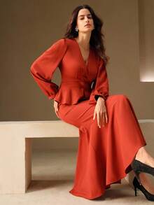 Anewsta Elegante Bluse mit tiefem V-Ausschnitt, Puffärmeln, Twist-Taille und weitem Saum