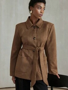 Aveloria Modichic 休闲复古系腰宽松落肩大口袋绒面革夹克 - 咖啡棕 - 查看 3