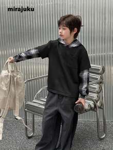 Mirajuku 男童休闲街头格子拼接连帽套头衫，适合秋冬季日常通勤穿着 - 黑色 - 查看 5