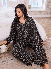 CottageSlumber Floral Print Open Front Collar Long Sleeve Top & Pants Plus Size Women Pajama Set, Fall Winter Clothes - Multicolor - View 7