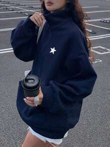 DAZY Sudadera holgada de forro polar con cuello deportivo, estilo vintage, patchwork de bloques de color y estrellas, para mujer, primavera y otoño/invierno