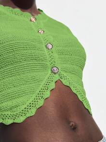 Maija 2025 Automne/Hiver Cardigan à boutons devant avec bordure en dentelle verte, pull tricoté, chic urbain pour le trajet, la fête, l'invité de mariage, vêtement d'extérieur inspiré du vintage - Vert - Voir 5