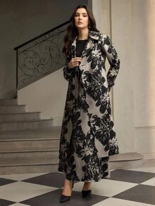 ZEYLAH 女士花卉提花面料翻领长袖优雅风衣 - 黑與白 - 查看 6