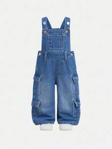 SHEIN Explorewe Baby Boys' Denim Overalls,Blue Summer Street Life Casual Graphic Street Fashion Back-To-School Multi-Pocket Jumpsuit,Washed Versatile Outfits Jumpsuit - Dark Wash - View 5