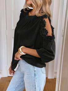 SHEIN LUNE Chemise décontractée ample à col rond et épaules dénudées plissée de couleur unie pour femmes - Noir - Voir 2