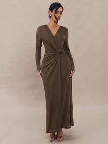 Modelyn Women's Solid Color Minimalist V-Neck Long Sleeve Dress, Casual Everyday Wear  Winter Dresses For Women   Wedding Guest Dress Elegant - Brown - View 2