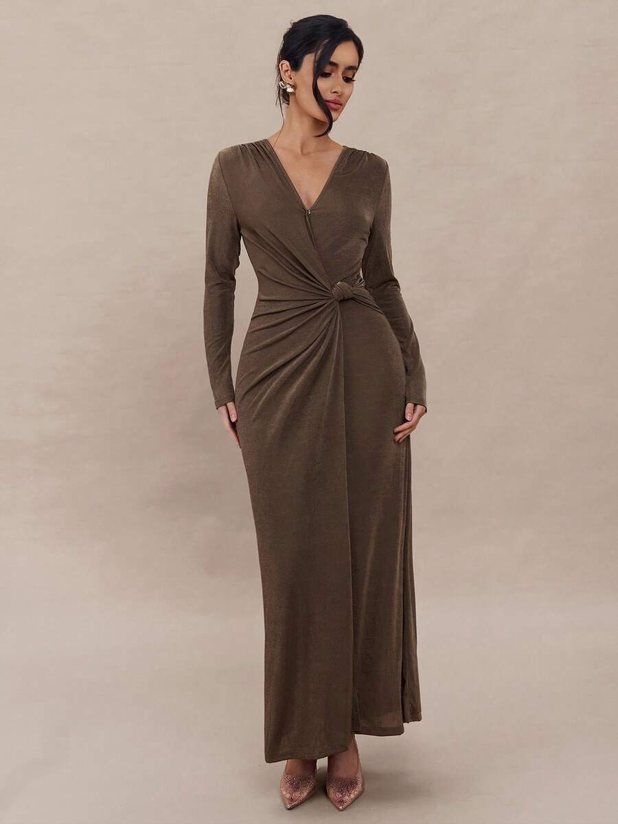 Modelyn Women's Solid Color Minimalist V-Neck Long Sleeve Dress, Casual Everyday Wear  Winter Dresses For Women   Wedding Guest Dress Elegant