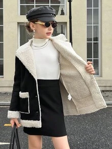 SHEIN 青少年女孩翻领长袖纽扣前开休闲百搭冬季羊毛夹克