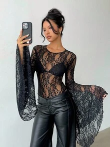 Aloruh 万圣节蝙蝠袖黑色蕾丝连体衣，女士优雅性感夜店连体衣，Y2K风格，时尚女士连体衣，万圣节服装，万圣节服饰，女士秋季穿搭，哥特风服饰，哥特风，休闲风，乡村音乐会服装，派对，夜店音乐节 - 黑色 - 查看 4