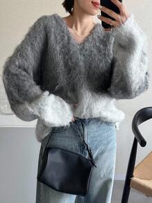 FRIFUL Women's V-Neck Ombre Fluffy Loose Fit Casual Pullover Sweater, Thickened And Thermal Lined - Grey - View 1