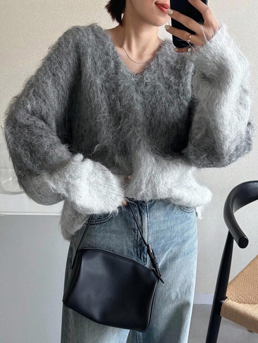 FRIFUL Women's V-Neck Ombre Fluffy Loose Fit Casual Pullover Sweater, Thickened And Thermal Lined - Grey - View 1