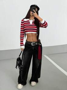 StreetHx pull à manches longues côtelé avec col à revers bicolore pour femme, style streetwear, automne/hiver - Multicolore - Voir 4