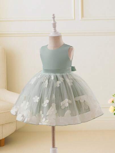 Glamorique Kids 圣诞女婴连衣裙、派对礼服、圣诞老人连衣裙、新年连衣裙、女婴生日连衣裙、婚礼礼服、秋季女婴服装、圣诞儿童舞蹈连衣裙、女婴公主裙、花童生日派对婚礼节日连衣裙、缎面质感面料连衣裙、无袖浅绿色下摆、立体花卉网纱雪纺连衣裙、中东、欧美风格、后背系带祝福蝴蝶结