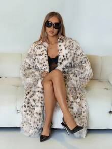 SHEIN ICON Women's Faux Fur Coat, Mid-Length Leopard Print Fluffy, Sexy Silhouette For Autumn/Winter - Multicolor - View 6