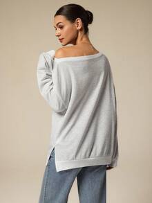 Hanevo Áo nỉ đơn giản một bên vai dành cho nữ, Thu/Đông - Màu Xám nhạt - Xem 2